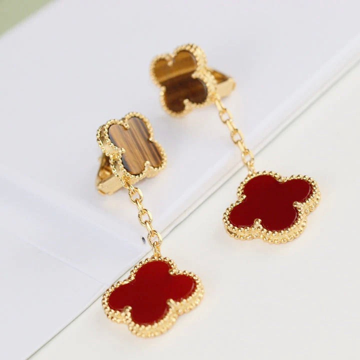 [⭐JeweliWhal]CLOVER 2 MOTIF TIGER EYE CARNELIAN EARRINGS
