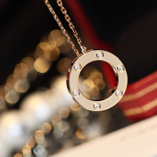 [⭐JeweliWhal]LOVE NECKLACE 16MM 6 DIAMONDS PINK GOLD