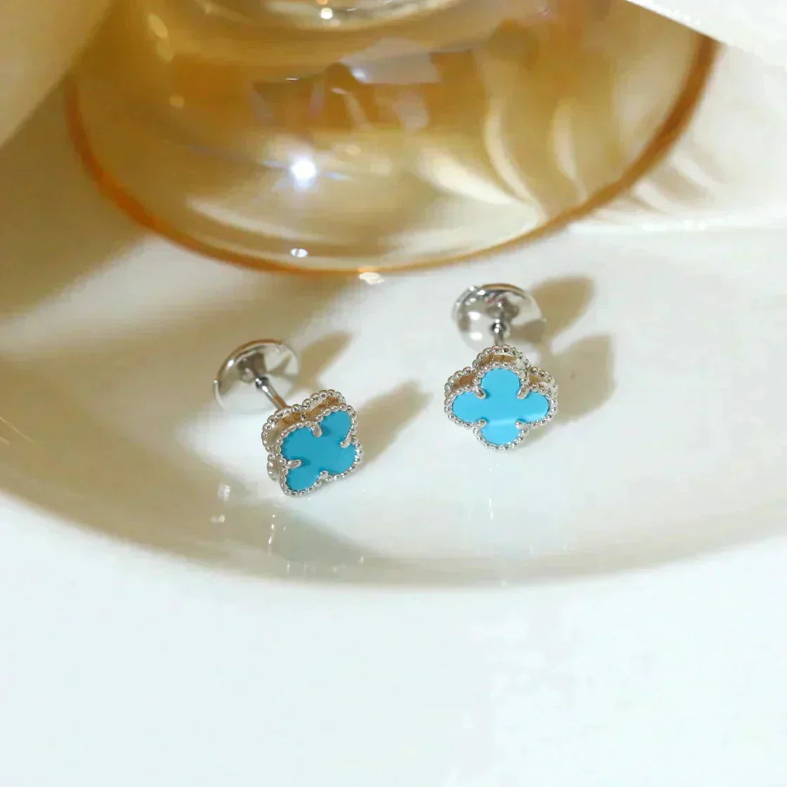 [⭐JeweliWhal]CLOVER MINI 9.5MM ONYX STUD EARRINGS SILVER