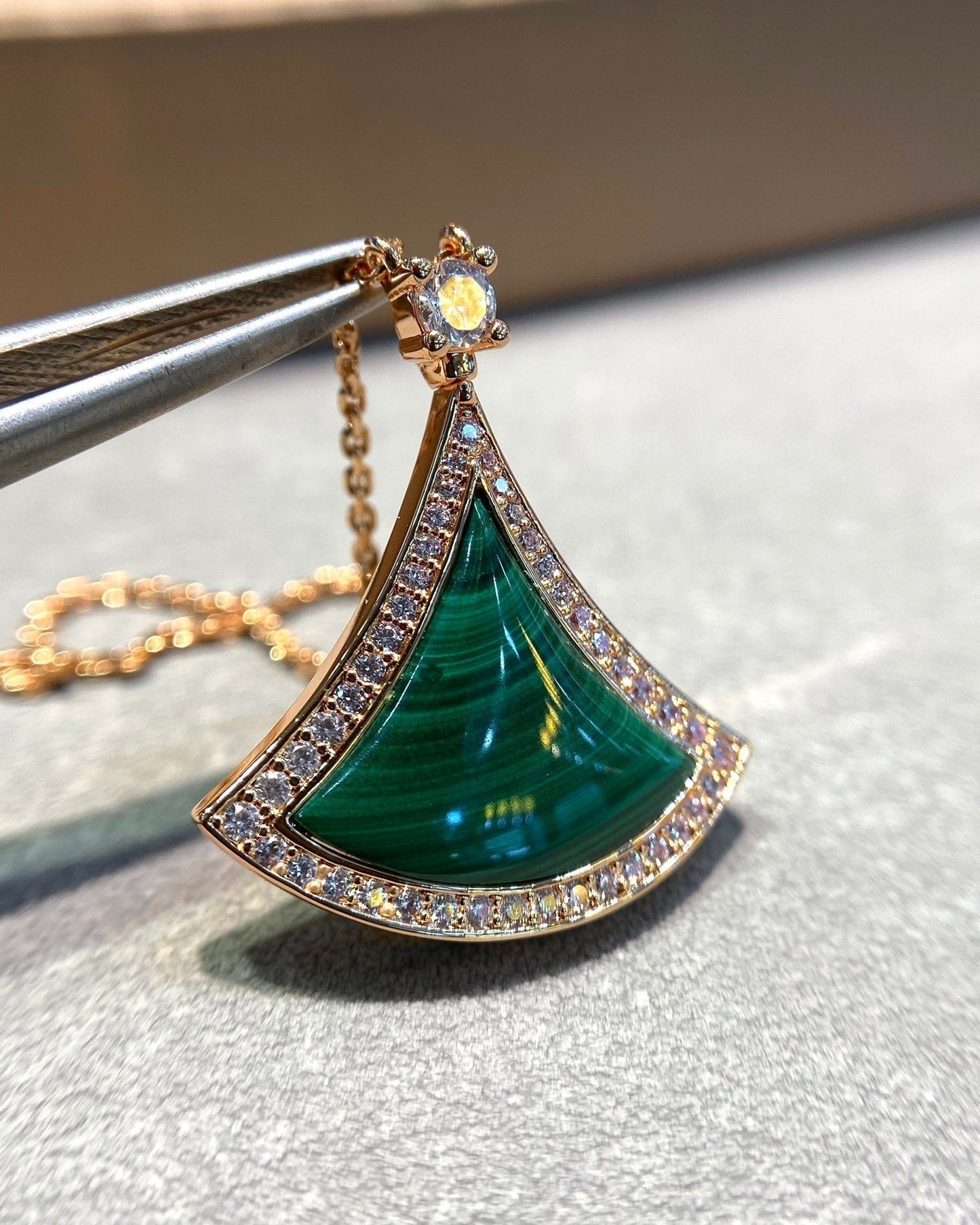 [⭐JeweliWhal]DREAM MALACHITE DIAMOND PAVED PINK GOLD NECKLACE