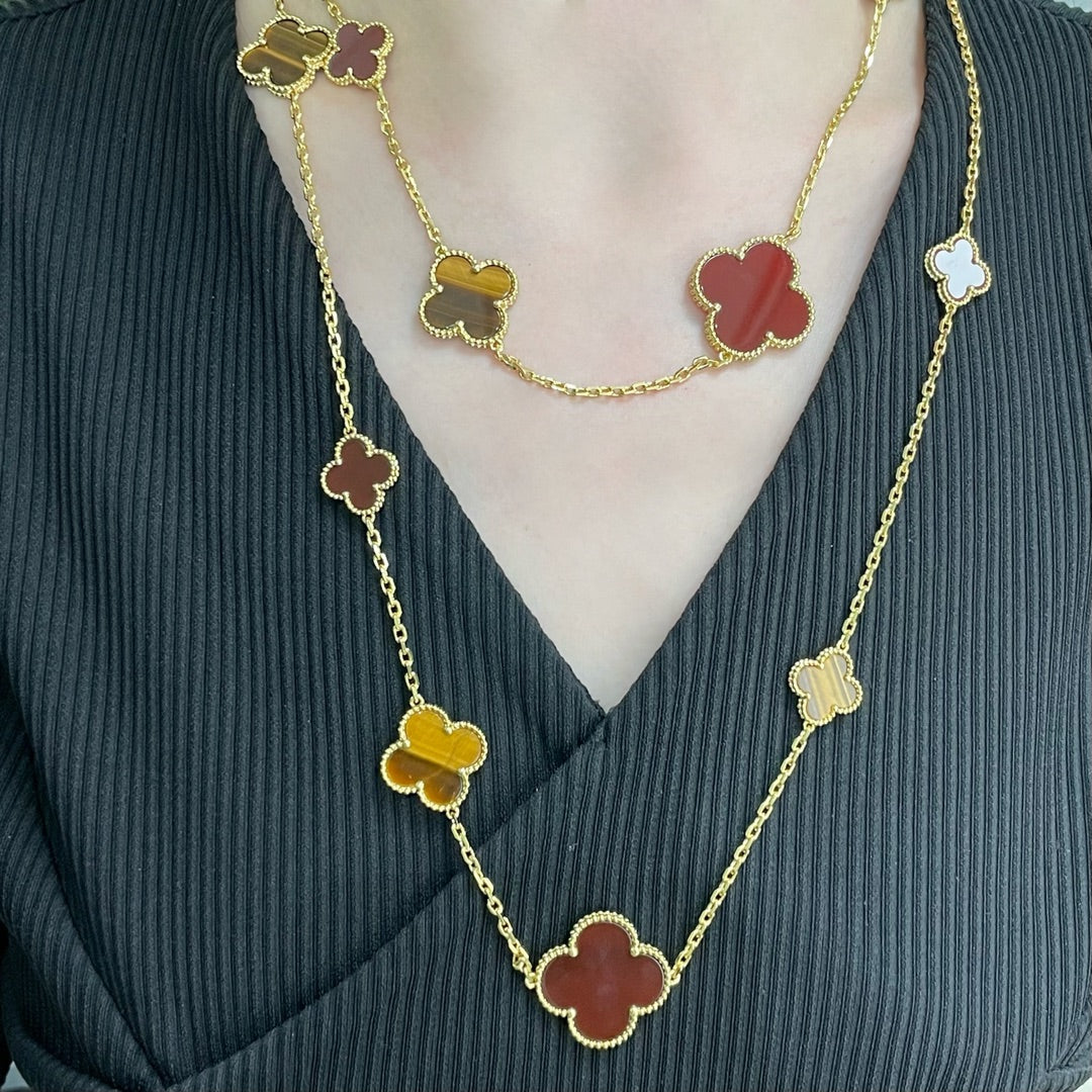 [⭐JeweliWhal]CLOVER 16 MOTIF CARNELIAN TIGER EYE ROSE GOLD NECKLACE