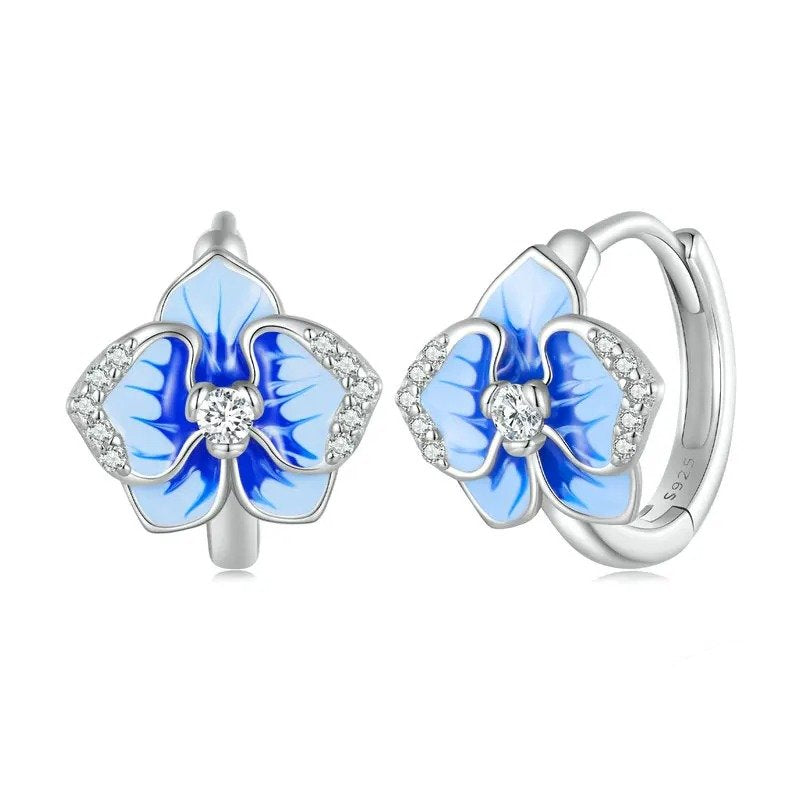 أقراط أذن على شكل فراشة زرقاء من المينا، مشابك أذن على شكل زهرة الأوركيد الفراشية
